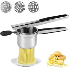 Potato Press Thick Version Potato Masher Stainless Steel Spaetzle Press Spaghetti Ice Cream Press with 3 Interchangeable Strainers for Pressed Mashed Potatoes, Vegetable Purees, Juices