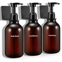 Hsiohe Bohrfreier Shampoo- und Conditioner-Spender 3er Set, Shampoospender für Duschwand mit wasserdichten Etiketten, 3 schwarze Shampoo-Flaschen, 3 bernsteinfarbene Wandhalterungen