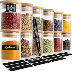 Moritz & Moritz Set of 12 Spice Jars 125 ml Each - Spice Jars Glass Including Blackboard Sticker & Chalk Pen - Airtight Spice Jars with Bamboo Lid for Spices, Herbs & Tea