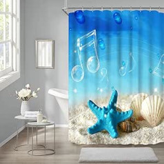 Dušas aizkari Dušas aizkari Pretpelējuma smilšu gliemežvāka Jūras zvaigzne un mūzikas notis Dušas aizkars 90 x 180 cm Mazgājams zils ar 8 āķiem