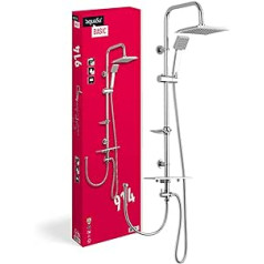 AquaSu® Basic Shower System 914, Diameter 7.5 cm, Hand Shower with Rain Jet, Diameter 20 x 20 cm Shower Head, Anti-Limescale Water Saving, 95 cm Shower Rail, Metal Shower Hoses, Type 1/2, Chrome,