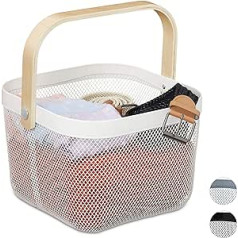 Relaxdays Storage Basket with Handle, Clothing, Decoration, Cosmetics, Steel & Wood, Utensil Basket, 17.5 x 26 x 24.5 cm, White, Pack of 1