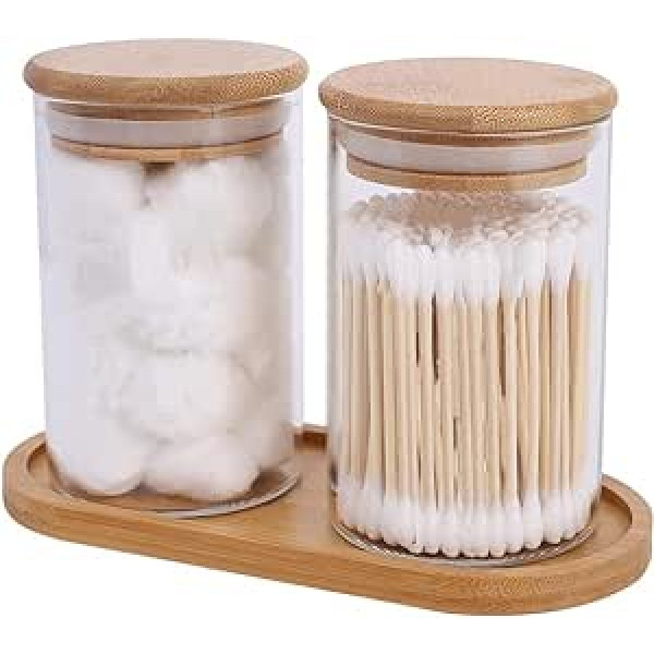 lulalula 2 Pieces Cotton Bud Holder with Bamboo Tray, Glass for Cotton Pads with Lid and Sealing Silicone Ring, Cotton Buds Container Set for Bathroom, Makeup Storage