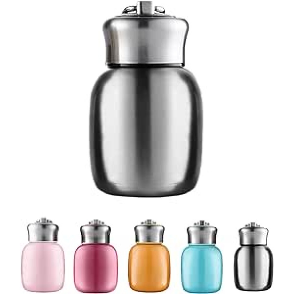 AYES Mini Thermos Flask, 200ml, Cute Water Bottle, Vacuum Insulated Stainless Steel Water Bottles, Leak-Proof, Keeps Hot and Cold for Home, Outdoor, Travel, One Size, Silver