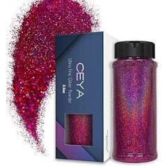 Ceya Holographic Ultra Fine Glitter, 3,5 oz/100 g, Laser Deep Pink Glitter 0,2 mm Slime, Epoksīda sveķu amatniecības krūzes, Juvelierizstrādājumi, Nagu māksla, festivāls, grims, gleznotājiem