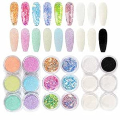 Gzmayuen Mirdzošs pulveris nagiem Cukura efekts Melns Balts Krāsains Mirdzošs Cukura Efekts Nagi Glitter Powder 18 Colors Nagu dizains Glitter Sequins Flakes Nail Art