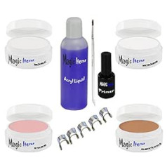 ‎Magic Items Akrila komplekts 1, 100 ml šķidrums, 20 grami katrs, dzidrs, balts, rozā, aprikožu pulveris, gruntējums, ota, trafareti