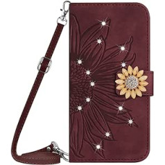 Vqwq mobilā tālruņa vāciņš priekš Oppo A78 5G — 1,5 M Lanyard Glitter Sunflower aizsargmaciņš Oppo A78 5G ādas futrālim kartes slota atveramam korpusam magnēts [HT04]-Redwine-T