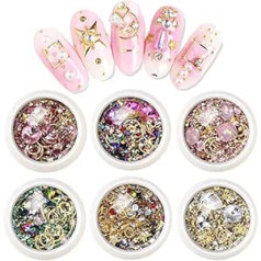 ‎Ebanku EBANKU 6 kastes Nail Art Rhinestone, 3D Nail Crystals Nail Art Rhinestone Jaukta izmēra Nagu krelles Glitter Rhinestone Stone Gold Metāla Stud Neregulāra 3D Nagu dekorēšana