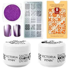 ‎Generic Victoria Vynn Powder Metallic Purple & Art Gel 3D UV/LED White + Moyra Stamp Plate Mini - Profesionāls nagu mākslas komplekts