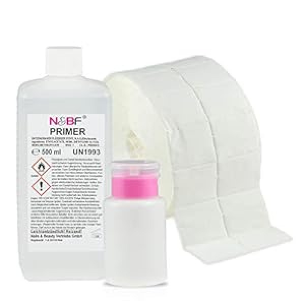 Nails Factory N&BF Primer Set 500 ml + Dispenser Pump Bottle + 1000 Cellulose Pads (2 Rolls of 500 Pieces) - Ultrabond - Primer for Gel Nails - Bonding Agent (Pink 150)