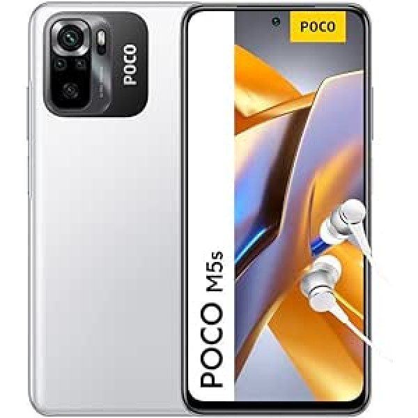 POCO M5s Smartphone+Kopfhörer, 4+64GB Handy ohne Vertrag, 6.43” FHD+ AMOLED DotDisplay, MediaTek Helio G95, 64MP AI Quad-Kamera, 5000mAh, NFC, White (DE Version + 2 Jahre Garantie) Ohne Aufladegerät