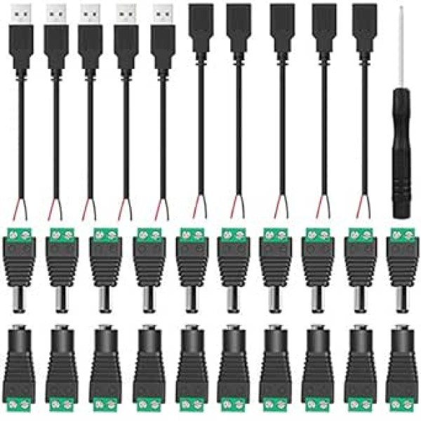 Youmile 10 pāri 12 V līdzstrāvas strāvas savienotājs 5,5 mm x 2,1 mm 5 A vīrišķais un mātītes līdzstrāvas strāvas savienotāja adapteris videonovērošanas kamerai ar 5 PCS USB vīrieša kabeli, 5 gab. USB ligzdu, Phillips skrūvgrie