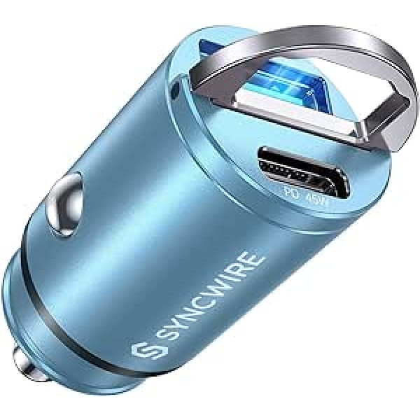 SYNCWIRE 90 W cigarešu šķiltavas USB C un USB automašīnas adapteris [PD 45 W un QC 45 W] Super Mini metāla automašīnas lādētājs USBC ātrā uzlāde ir savietojams ar iPhone 15 14 13 12 Pro Max, Google Pixel 7, Samsung, Blue