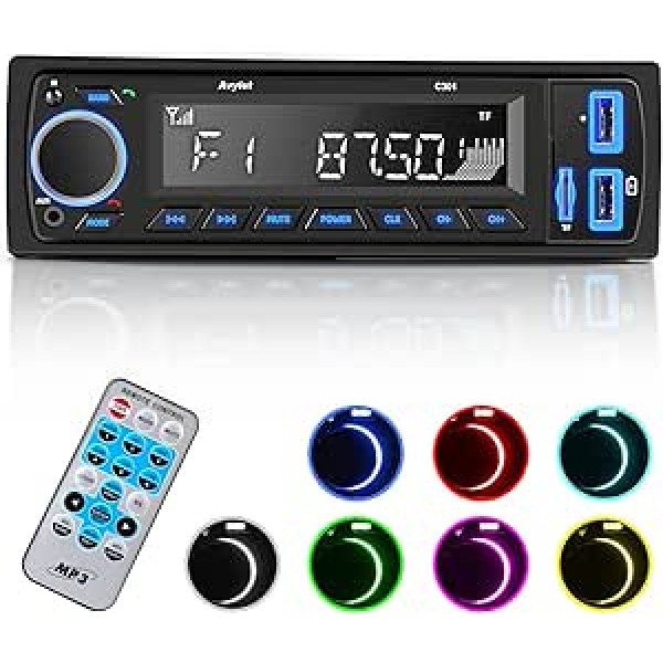 Automašīnas radio Bluetooth 5.0, Avylet automašīnas radio ar Bluetooth brīvroku komplektu, 7 krāsu FM automašīnas radio 1 DIN ar 2 USB/AUX/SD kartēm/MP3 atskaņotāju