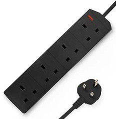 4 Gang Way 2m Extension Lead with UK Pin Connector & Lead Power Adapter Multi Socket Black (Pack of 1)