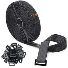 15 m x 2 cm Velcro Tape with 50 Buckles, Free Cutting Length Velcro Cable Ties Resealable Cable Velcro Tie Velcro Tape Black (15 m x 20 mm)