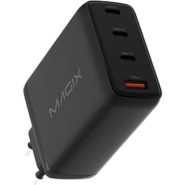 Magix 120 W 4 portu lādētājs, USB-C GaN PD barošanas padeve, 3 x USB-C un 1 x USB-A porti, MacBook Pro/Air, iPad Mini, iPhone 14 Pro Max, Galaxy S23, Pixel 7, Matebook un Vairāk (EU Plug)