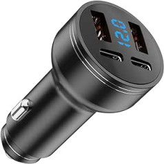 126W USB C Car Charger, Cigarette Lighter USB C Adapter 2PD + 2USB 4-Port Car Charger USB C with LED Voltmeter DC12-24V, with Android, Tablet and All Smartphones