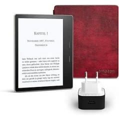 Kindle Oasis Essentials komplekts ar vienu Kindle Oasis E-lasītāju (7 Zoll, 32 GB, Grafit), vai Amazon Lederhülle (Bordeaux) un vienu Amazon Powerfast 9 W Ladegerät