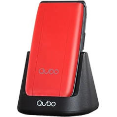 Qubo Flip tālrunis senioriem GSM mobilais tālrunis senioriem, displejs 2,4 collas, liels skaļums, SOS funkcija, atbalsts divām SIM kartēm, ātrais zvans, FM radio, lukturītis, uzlādes stacija, sarkans