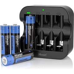 Hixon Rechargeable AA Lithium Battery, 3500 mWh High Capacity, 1.5 V Constant Output with Max 3 Amp Discharge Current, Set with 4 AA Batteries and 2H Ultra Fast Type-C Black Charger