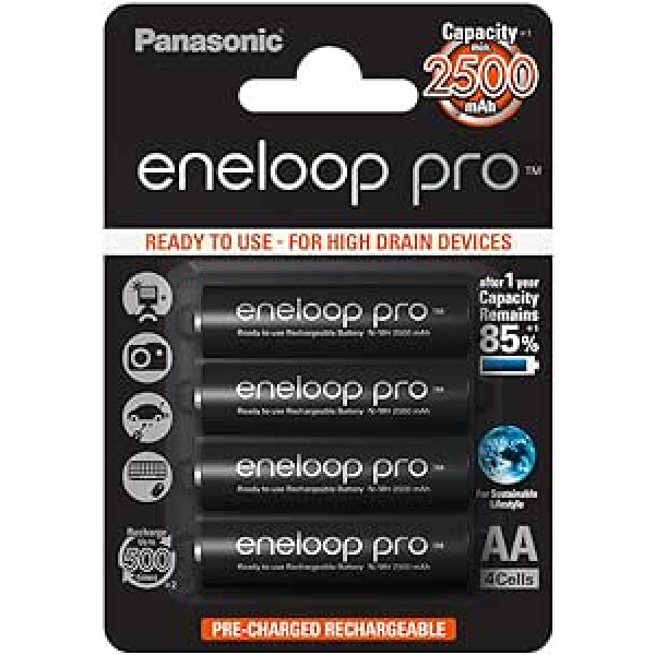 Panasonic eneloop pro, lietošanai gatavs Ni-MH akumulators, AA mignon, 4 iepakojumi, min. 2500 mAh, 500 uzlādes cikli, ar īpaši spēcīgu veiktspēju un zemu pašizlādes līmeni, atkārtoti uzlādējams akumulators, akumulators