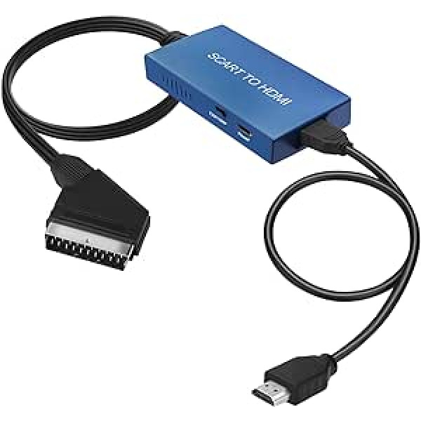 uhddadi Scart uz HDMI pārveidotājs, Scart uz HDMI adapteris video audio pārveidotājs HD 1080P ar HDMI kabeli HDTV STB VHS Xbox PS3 Sky DVD Blu-ray utt (zils)