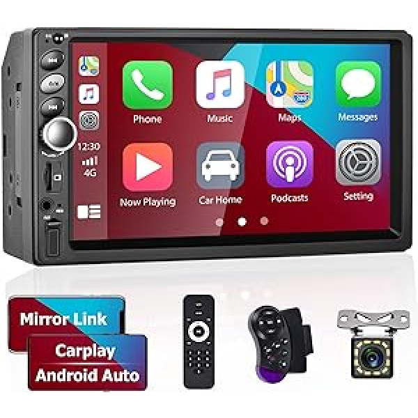 Hikity dubultā DIN automašīnas radio Apple CarPlay Android automašīnas radio Bluetooth ar 7 collu ekrāna automašīnas radio skārienjutīgu displeju ar spoguļa saiti FM radio Bluetooth SWC ārējā mikrofona atpakaļgaitas kamera