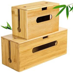 Lannvan Set of 2 Wooden Cable Boxes Made of Sustainable Bamboo - Cable Box Desk for Tangle Cable Hiding - Cable Collector Cable Organiser Box Cable Management Box Socket Box Large and Small