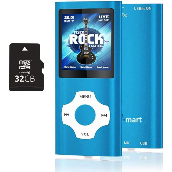 Tabmart MP3 MP4 mūzikas atskaņotājs ar 16 GB MicroSD atmiņas kartes atbalstu Audio atskaņotājs Media Player FM radio E-grāmata Iebūvēts skaļrunis Ilgs akumulatora darbības laiks 1,81 collas Krāsu displejs Mūzikas atskaņotājs Zils