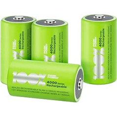 100% PeakPower Battery D, Pack of 4 LR20 Batteries NiMH, D Battery Batteries with LSD Technology, Ready2Use, Pre-Charged, Type Mono Cell HR20 Rechargeable, Capacity 4000 mAh, 1.2 V