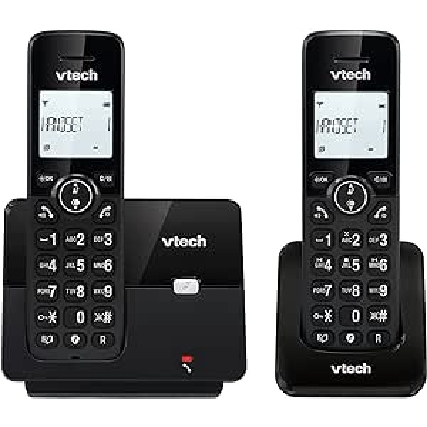 VTech CS2001 bezvadu tālrunis ar 2 klausulēm, ECO+ režīms, fiksētais tālrunis, melns, zvanu bloķēšana, brīvroku funkcija, lielas pogas, divu līniju displejs