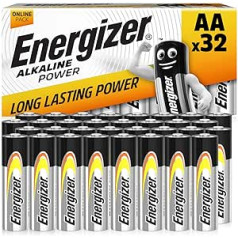 Energizer AA baterijas, sārma baterijas, iepakojumā 32