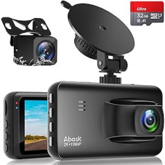 ABASK Dash Cam Car priekšējā aizmugurējā 2K 1440P+1080P Dash Cam ar atpakaļskata kameru, parkošanās uzraudzību, kustības sensoru, 320° platleņķa 3 collu ekrāns, G-sensors, cilpas ierakstīšana, WDR, nakts redzamība, līdz 256 GB