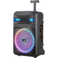 Majestic FIRE T5 - Bluetooth 5.0 ratiņi, daudzkrāsains LED apgaismojums, USB/microSD/AUX-IN/MIC, mikrofons, tālvadības pults, uzlādējams akumulators, TWS funkcija, rokturis un riteņi transportēšanai.