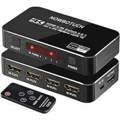 NOWBOTUCH 4x1 HDMI slēdža sadalītājs 4 porti 4Kx2K 60Hz 1080P, 3D HDMI 2.0 Switcher 4-in-1 out HDMI selektors slēdzis ar bezvadu infrasarkano tālvadības pulti priekš PS3/PS4, Xbox 360/One, HDTV, Blu-Ray atskaņotājs