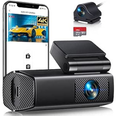 Dash Cam Car priekšējā aizmugurējā 4K/2.5K+1080P WiFi automašīnas kamera, cilpas ierakstīšana 170° platleņķa WDR, Super Night Vision, App Control, G-sensors, Parkošanās uzraudzība, Iekštelpu ar 64GB SD karti