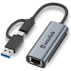 WAVLINK USB 3.0/USB C līdz 2.5G Ethernet adapteris, USB LAN adapteris ar 2500 Mbps, Thunderbolt tīkla adapteris operētājsistēmai Mac OS, Windows, Linux, Dell XPS, Surface Pro utt.