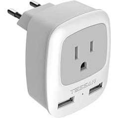 Adapteris ASV Vācijas spraudnis, TESSAN US uz ES adapteris ASV uz ES ceļojumu adapteris ar 2 USB, ligzdas adapteris ASV uz ES Vācija Vācija Amerikas Francija Eiropa Adaptera spraudnis Travel Plug