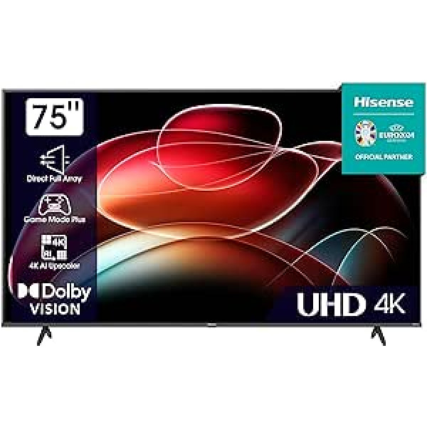 Hisense 75E6KT 190,5 cm (75 collu) televizors, 4K UHD, LED, viedais televizors, HDR, Dolby Vision, trīskāršs uztvērējs DVB-C/S/S2/T/T2, WiFi, Bluetooth, iebūvēts Alexa, viesnīcas režīms [2023. ], melns