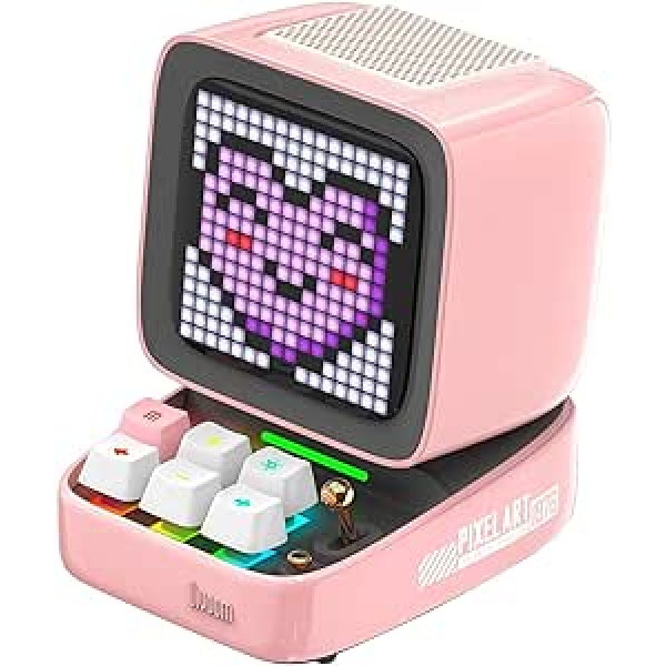 Divoom Ditoo daudzfunkcionāls Pixel Art LED Bluetooth skaļrunis, 256 programmējams LED panelis ar ballīšu apgaismojumu, viedais digitālais galda pulkstenis, spēļu mūzikas kastes atbalsts, TF karte un radio, rozā