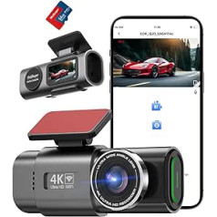 WiFi Dashcam Automašīnas priekšējā aizmugurē, 4K + 1080P, Automašīnas kamera, Lietotņu vadības automašīnas kamera ar 64G SD karti, 170° + 140° īpaši plats leņķis, Mini 1,47 collas, Nakts redzamība, WDR, G sensors, cilpas ierakstīšana,