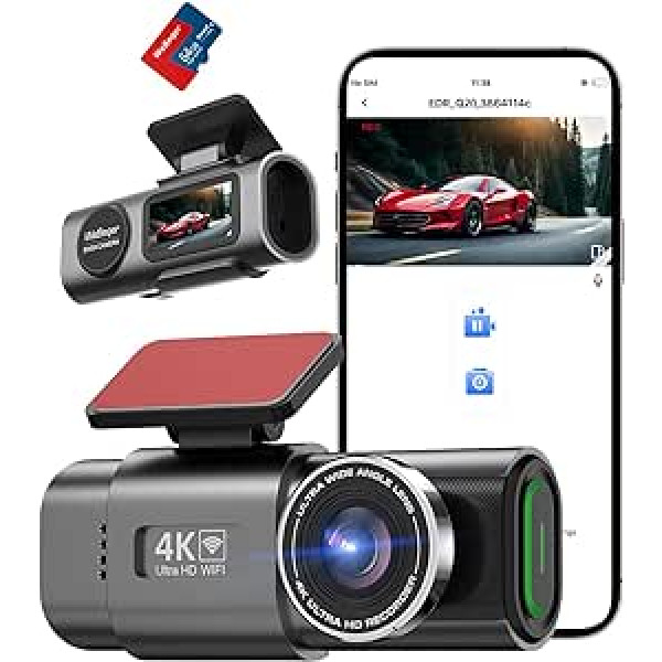 WiFi Dashcam Automašīnas priekšējā aizmugurē, 4K + 1080P, Automašīnas kamera, Lietotņu vadības automašīnas kamera ar 64G SD karti, 170° + 140° īpaši plats leņķis, Mini 1,47 collas, Nakts redzamība, WDR, G sensors, cilpas ierakstīšana,