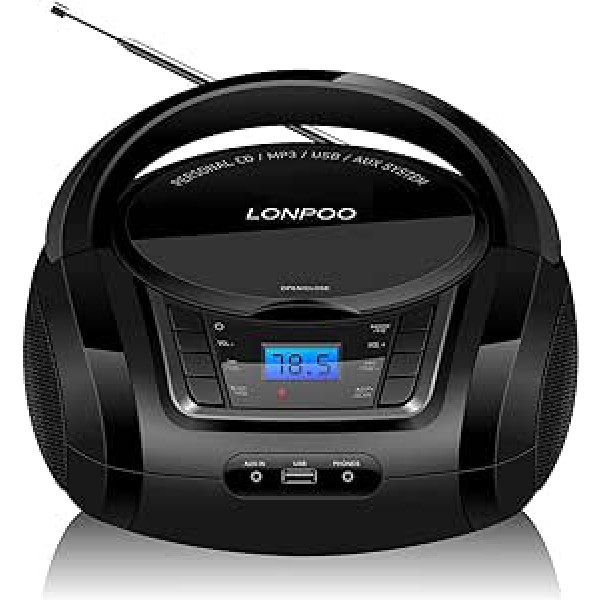 LP-D03 Portable Boombox CD Player with Bluetooth - Children's Stereo Boombox with FM Radio | Aux-In | Headphone Jack | USB Input | Portable CD Radio | Foldable Carry Handle