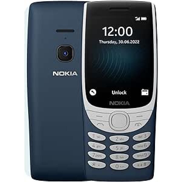 Funkcionālais tālrunis Nokia 8210 ar 4G savienojumu, lielu displeju, iebūvētu MP3 atskaņotāju, bezvadu FM radio un klasisko spēli Snake (Dual SIM) — zils