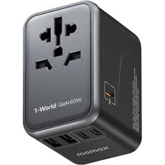 MOMAX universālais ceļojumu adapteris, 65 W GaN ceļojumu spraudņa adapteris ar UK/ES/AU/US, 3USB-C PD + 2USB-A QC pasaules mēroga starptautiskais adapteris klēpjdatoriem planšetdatoriem tālruņiem melns