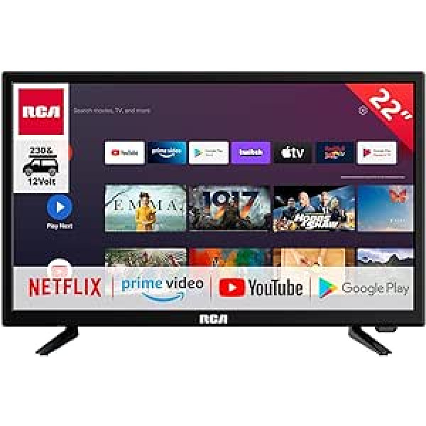 RCA RS22H2C Android TV 22 collu (56 cm) viedtelevizors ar 12 V automašīnas adapteri, Google asistents, Chromecast, Netflix, Prime Video, Disney+, WiFi, trīskāršs uztvērējs, Android TV 11, 230 V/12 V