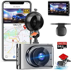 4K Dash Cam automašīnas priekšējā aizmugurējā paneļa kamera ar WiFi GPS automašīnas kameru un 64 GB SD karti, Car Dash Cam ar 170° platleņķi, WDR, G-sensors, cilpas ierakstīšana, stāvvietas uzraudzība, C tipa interfeiss