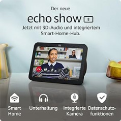 Pilnīgi jaunais Echo Show 8 | 3. paaudze (2023. gada izlaidums), HD viedais skārienekrāns ar telpisko audio, viedās mājas centrmezgls un Alexa, Charcoal